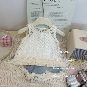 Tongxingyuan Girls Summer Hollow Vest Denim Shorts Set Cotton Two Piece Outfit - Product Image 3
