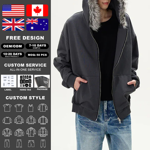 KingSen High-quality Men's Winter Fur Hooded Double Zip-Up Hoodie Worsted Fabric Cotton Terry Trim Oversized Breathable Design - Product Image 2
