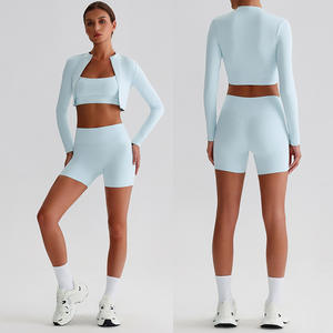 कस्टम दो टुकड़ा कसरत सेट लंबे आस्तीन शॉर्ट्स सक्रिय जिम कपड़ों की लुभावनी ट्रैकसूट स्लिम फिट स्पोर्ट्सवियर प्रशिक्षण संगठन - Product Image 1