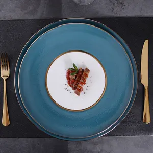 PITO High Temperature Bulk 12.5 Inch Wedding Color Glazed Gold Rim Flat Plate Round Serving Plate Ceramic Dinner Dish Plates Dis