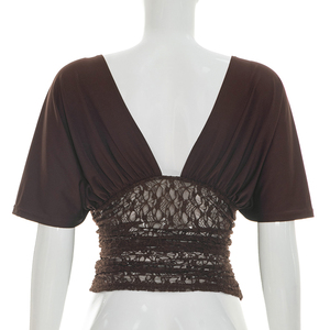 Viviblook J26TP196 Camiseta de Verano para Mujer, Nueva Camiseta con Escote en V Profundo, Manga Murciélago, Encaje y Parches, Estilo Casual para Damas - Product Image 3