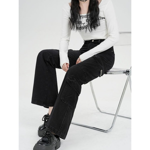 กางเกงยีนส์ขาบานสำหรับผู้หญิงฤดูใบไม้ร่วงสีดำสีเทาสลิมมิ่งมีหลายกระเป๋าสวมใส่ทำงานสไตล์อเมริกัน - Product Image 4