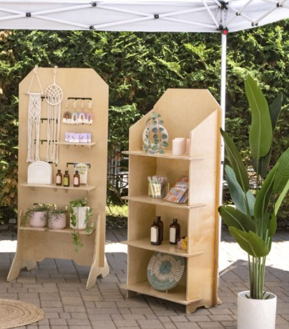 Apache Customized Portable Wooden Floor Standing Display with Configurable Shelves, Hooks, Pegs — view 1
