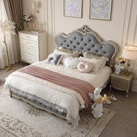 Lit plateforme classique en bois massif sculpté, capitonné de luxe couleur or français, tailles King et Queen, pour chambre à coucher