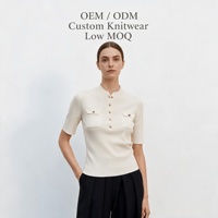 Top de punto acanalado de manga corta con cuello alto y botones para mujer, corte ajustado, ideal para primavera y verano, OEM ODM al por mayor