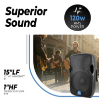 Bocina Portátil Activa de Carrito Accuracy Pro Audio CMB15AUH de 15 Pulgadas y 120W con Batería Inalámbrica de Plástico para Exteriores