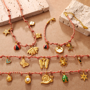 Conjunto de Collares y Pulseras de Aleación de Zinc con Colgante de Mariposa e Insecto, Diseño de Cuerda Roja Tejida Estilo Europeo-Americano, Joyería de Moda para Uso Diario - Product Image 2