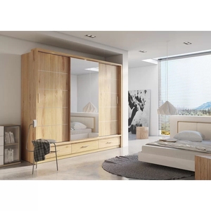 Armoire de chambre robuste avec portes coulissantes miroir, 2 rails suspendus, 6 étagères, 3 tiroirs et éclairage LED en aggloméré pour usage domestique - Product Image 1