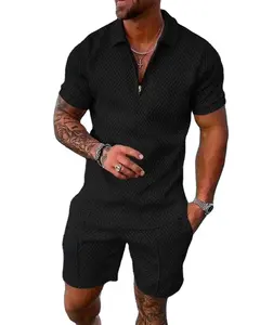 ชุดวอร์ม2ชิ้นสำหรับผู้ชายชุดเสื้อวิ่งชายหาดสั้นเสื้อใส่เล่นกีฬาแบบมีซิปโปโลสำหรับฤดูร้อน