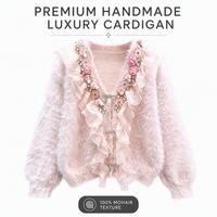 Maßgefertigte Handgemachte Blumen-Perlen-Diamant-Rüschen Nerz-Samt Strickjacke Damen Herbst- und Winter-Design Gestrickter Cardigan