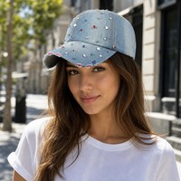Topi Baseball Denim Berhias Logo Rhinestone, Warna Biru Pudar, Pinggiran Berjumbai, Jahitan Kontras, Gaya Streetwear, Grosir