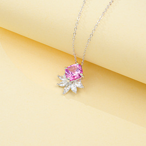 Cushion Cut Lab Pink Sapphire Floral Halo Sterling Silver Necklace Jewelry <b>Gift</b>-V - Product Image 5
