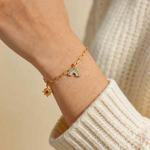 <span class=keywords><strong>Bracelet</strong></span> en acier inoxydable 316L plaqué <span class=keywords><strong>or</strong></span> 18 carats avec <span class=keywords><strong>breloque</strong></span> papillon arc-en-ciel et soleil pour femme, bijoux Y2K à maillons trombone émaillés, étanche, cadeau - Product Image 2