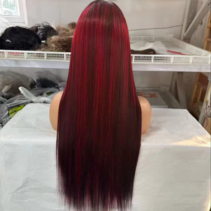 Perruque Lace Front Longue et Lisse en <span class=keywords><strong>Cheveux</strong></span> Humains, Bourgogne Foncé <span class=keywords><strong>avec</strong></span> Mèches Rouges, Pré-Pluckée, Dentelle Transparente - Product Image 1