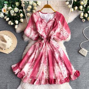 Vestido <span class=keywords><strong>de</strong></span> verano vintage francés <span class=keywords><strong>de</strong></span> gasa estampada con mangas farol para mujer, holgado, con cintura ajustada y volantes que estilizan la figura - Product Image 1