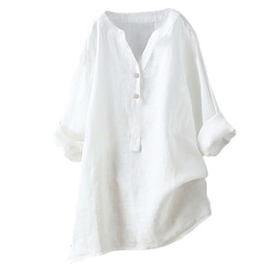 Camicia da donna in lino tinta unita con bottoni, scollo a V, maniche lunghe, casual, con tasche, 21 colori disponibili, taglie dalla S alla XXXXL Plus Size - Product Image 5