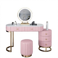 Meuble de chambre à coucher moderne de luxe rose en pin massif, coiffeuse avec miroir et éclairage – Offre spéciale