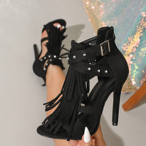 Nouvelles sandales sexy en daim à talon fin de 11 cm pour femme, style européen et américain, avec pompons et rivets, bout ouvert, collection été 2026 - Product Image 1