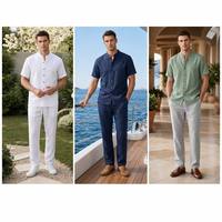 Setelan Pria Unisex Gaya Retro Cina 100% Linen Bernapas, Celana Pendek Berkerah Tegak Kancing Kayu dengan Tali Serut Elastis