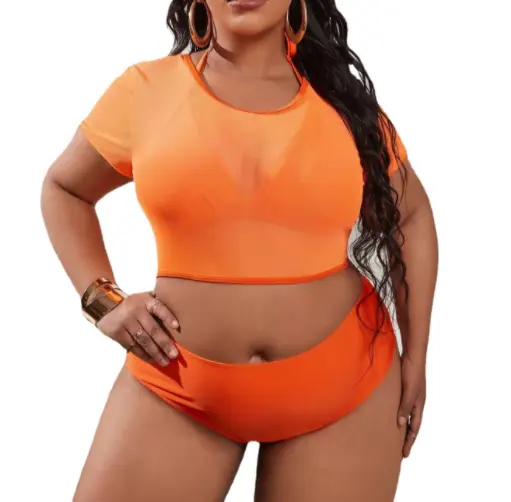 STOCK 6 colori manica corta Top in rete trasparente copricostume da spiaggia Plus Size Bikini a vita alta 4XL costumi da bagno