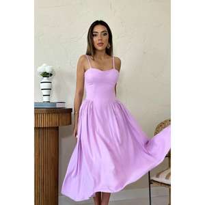 ชุดราตรีทรงเอไลน์ผ้าซาตินสีไลลา คอเหลี่ยม เอวธรรมชาติ แต่งระบาย สวยสง่า - Product Image 3