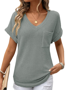 <b>Women's</b> Waffle Knit Short Sleeve T <b>Shirt</b> Loose Fit Solid Color Casual Pullover Wholesale Rate OEM Custom <b>Women</b> T <b>shirt</b> - Product Image 4