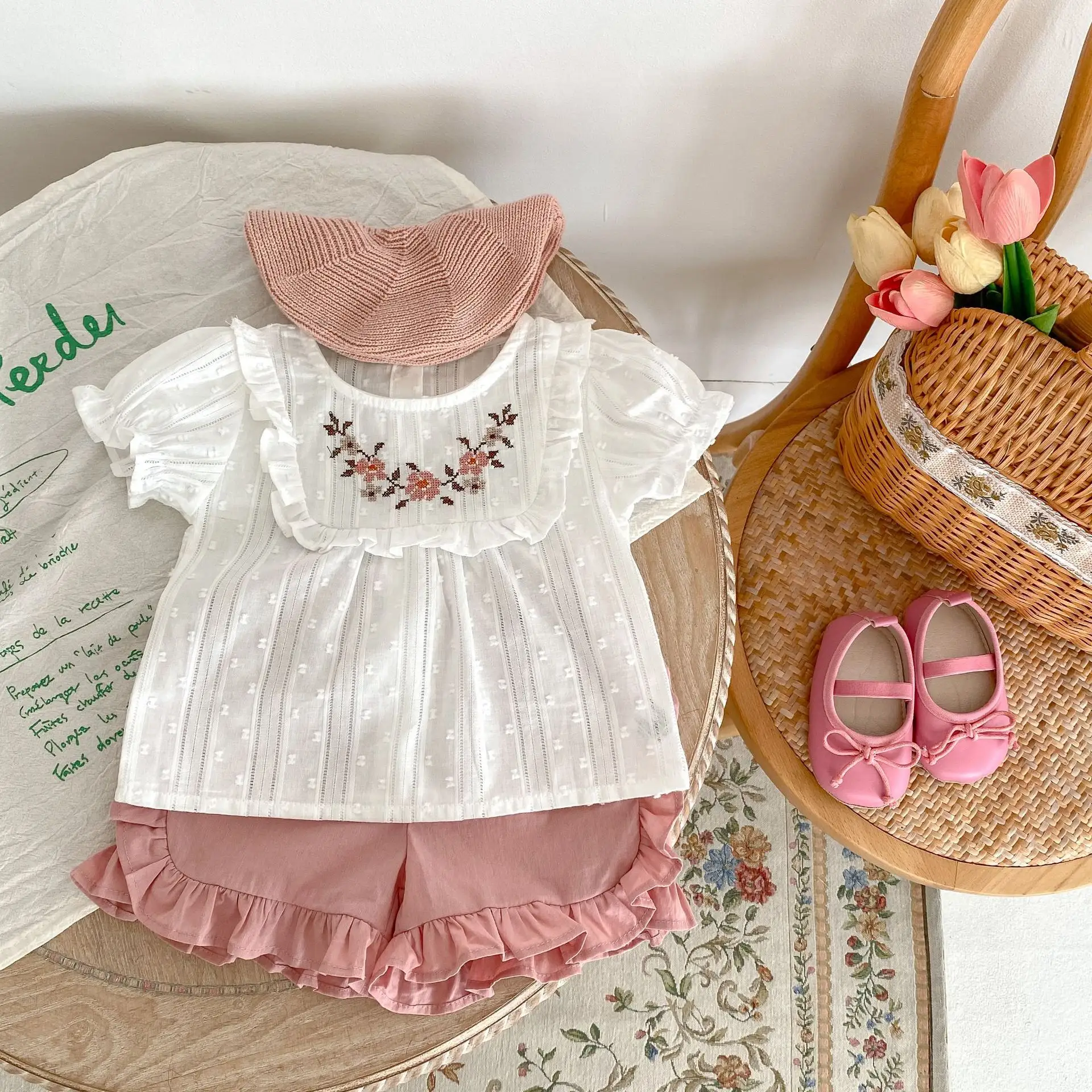 Engepapa summer infant clothes Baby girl embroidered floral clothing sets Newborn cotton tops shorts two-piece suit