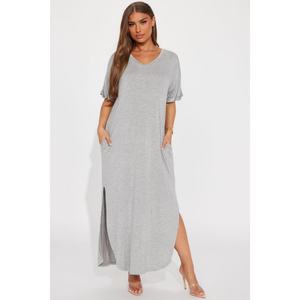 Nouvelle robe décontractée en tricot pour femme, col en V, fente double sur le côté, ourlet rond, taille et couleur personnalisées - Product Image 3