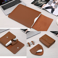 Paket Kombinasi Sarung Laptop Kulit PU Cognac Kustom, Kantong Charger, dan Set Penjepit Kabel