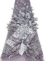 NI.A Dentelle de luxe en filet brodée à la main 3D avec appliques florales, strass, perles et paillettes pour la décoration de traîne de robe de mariée