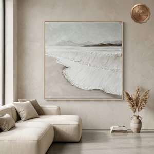 Dipinto Astratto Costiero Beige e Bianco, <span class=keywords><strong>Arte</strong></span> Murale in Rilievo Fatta a Mano su MDF per Soggiorno, Hotel, Interni Moderni e Calmi - Product Image 1