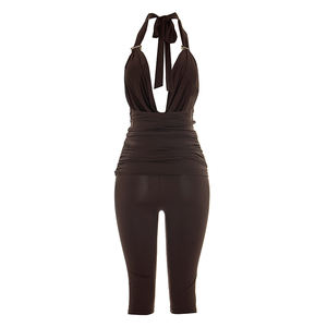 Viviblook J26ST090 Women Summer Suit Halter Backless <b>Metal</b> Splicing <b>Swing</b> Collar Tank Top Cropped Pants Two Pieces <b>Set</b> - Product Image 6