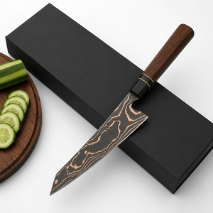 Cuchillo de cocina Apex Blades International de acero de Damasco con mango de madera, hoja de punta caída y filo biselado de una sola pieza. - Product Image 1
