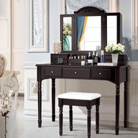 Ensemble table de toilette et tabouret Table de maquillage détachable en bois Miroir pliant 7 tiroirs et plateau de rangement Meubles de chambre à coucher
