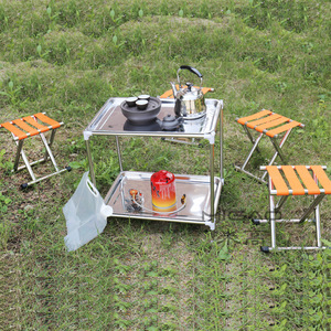 Ensemble de table de camping en acier inoxydable avec tabourets, ensemble de thé portable pour l'extérieur, meubles de voyage rectangulaires de couleur unie - Product Image 1