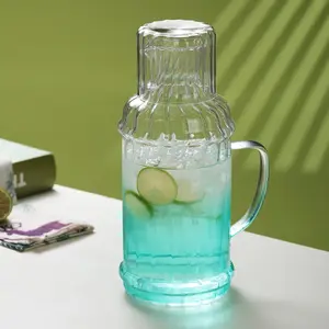 蓝绿色透明条纹耐热钢化进口玻璃壶，带杯盖