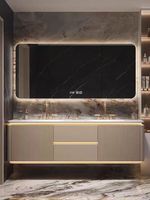 Meuble-lavabo de salle de bain moderne en bois blanc avec éclairage intelligent anti-buée, double vasque et miroir