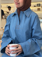 Nouvelle Robe Abaya en Jean Modeste Design Willson sur Mesure pour Femmes Musulmanes, Robe Longue en Coton Bleue Coupe Oversize