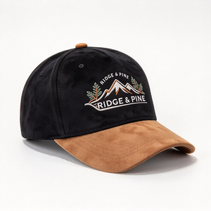 Gorra de 6 paneles de perfil alto para hombre, al por mayor, con visera de ante negro y camel, bordado de pino de montaña, para camping al aire libre, con logotipo personalizado y letras comunes - Product Image 5