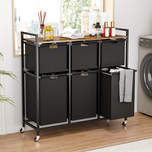 <span class=keywords><strong>Panier</strong></span> à linge moderne en métal avec roulettes, grande capacité, organisateur de bureau avec 6 sacs à linge extractibles - Product Image 2