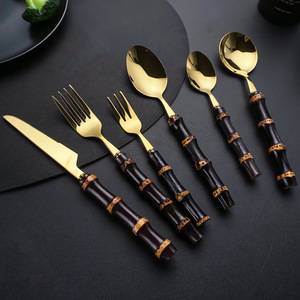 Bamboo-Style Cutlery <b>Set</b> 304 Stainless Steel Knife Fork Spoon Mirror Polished Western Tableware Adult Use - Product Image 4