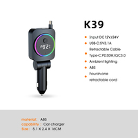 Pengisi Daya Mobil USB C Dual Port 30W Adaptor Pengisian Cepat Kabel Retractable Indikator LED Pengisi Daya Tipe C untuk Ponsel di Kendaraan