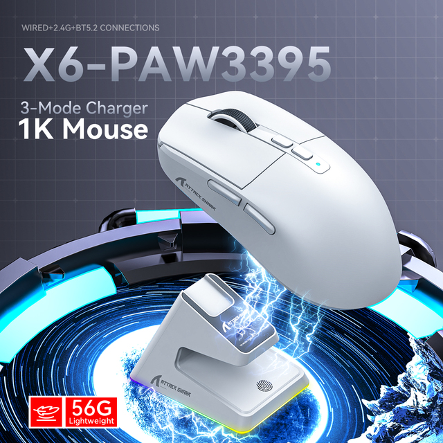 Attack Shark X6 PAW3395 Wireless Tri-Mode Programmable Charging Base - Gaming Mouse for Gamers
