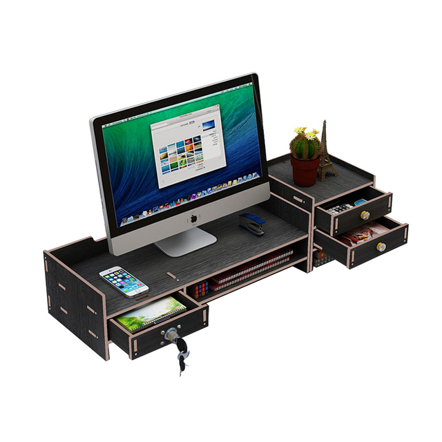 Desktop Bamboo Monitor Stand Riser with Drawer Storage Organizer, for Laptop Cellphone TV Printer Stand
