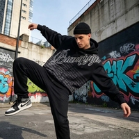 Sweat à capuche zippé noir délavé pour homme, imprimé graphique dégradé inspiré du luxe, en coton épais, style streetwear