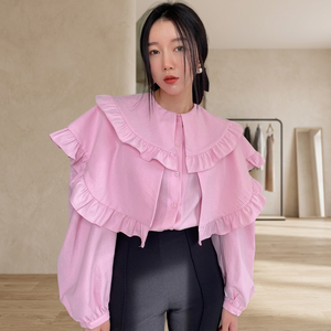 เสื้อเชิ้ตผู้หญิงสีชมพูผ้าป๊อปลิน คอปกปีเตอร์แพน แขนพองระบาย สไตล์หวานๆ สำหรับฤดูใบไม้ผลิและฤดูร้อน ทรงหลวมใส่สบาย - Product Image 4
