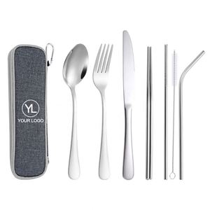 Ensemble d'ustensiles de voyage réutilisables avec logo personnalisé, fourchette, cuillère, couteau, baguettes et paille en acier inoxydable, avec pochette zippée, pour cadeaux événementiels - Product Image 1