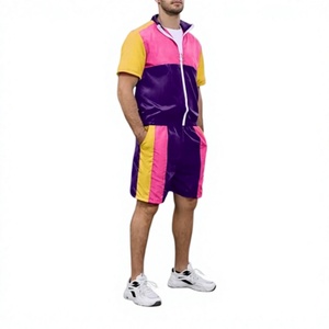 Ensemble de survêtement pour homme à blocs de couleur, manches courtes, fermeture éclair sur le devant, en polyester, tenue sportive d'été avec poches latérales, coupe classique - Product Image 1
