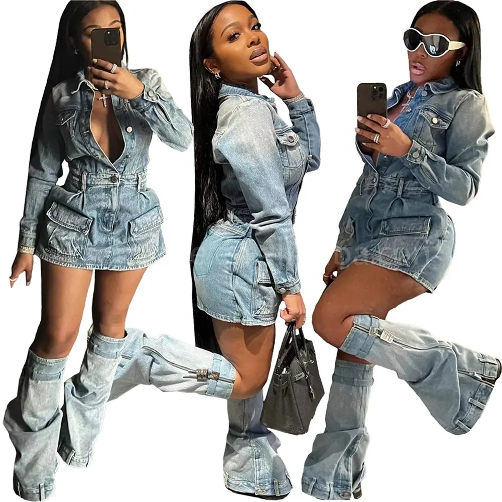 ZHEZHE Woman Clothes 2023 Trending Good Quality Three Piece Set Multi Pocket Washed Long Sleeve Denim Mini Dress Outfit