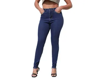 Celana Jeans kurus wanita, celana Denim pensil tenun kasual pinggang tinggi